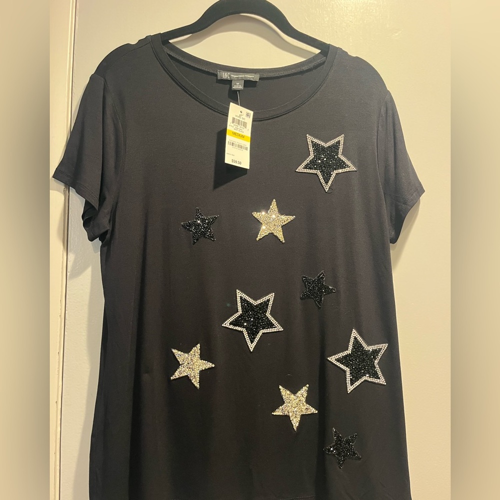 INC International Concepts Black Star Embellished Women's Top, NWT